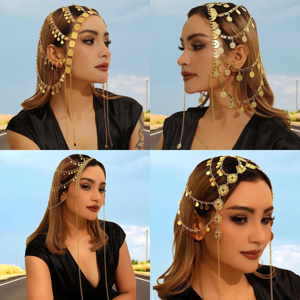 Middle Eastern Style Golden Headpiece With Tassels And Coin For Womens Winter Travel