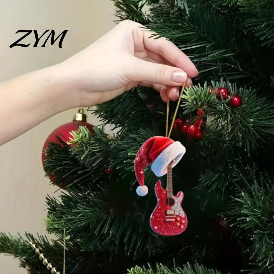 Country Music Lover Gift Red Guitar Christmas Ornament, 2D Flat Acrylic Hanging Pendant with Theme Ornament Santa Hat, Tree Decoration, Holiday