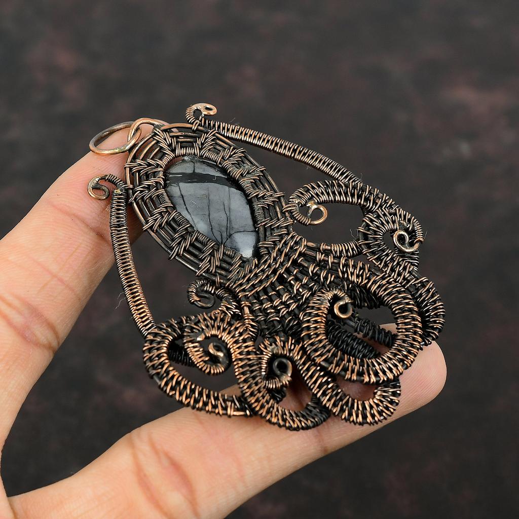 Подвеска Picasso Jasper, подвеска из медной проволоки, ювелирное изделие ручной работы, подвеска из драгоценного камня в виде осьминога, изящное медное ювелирное изделие, подарок для нее