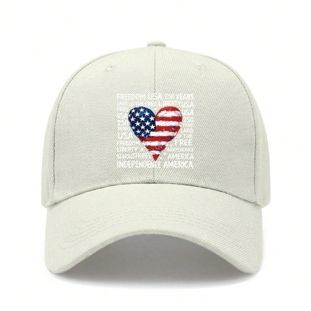 USA Baseball Hat - Vintage Heart Print Freedom USA 250 Years Land Of The Free Adjustable Polyester Lightweight Patriotic Holiday Baseball Cap For