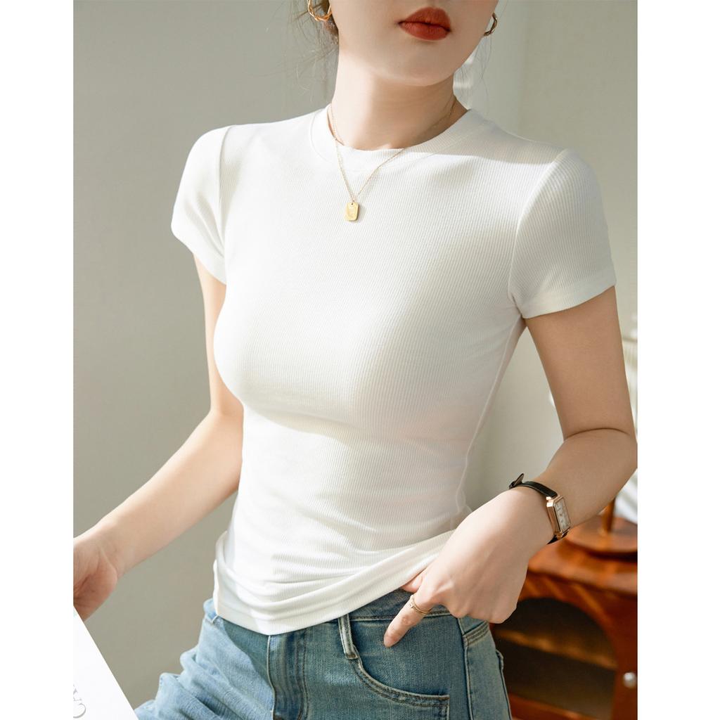 Women's Summer Hundred Slim Round Neck High Stretch Cotton Tight Short Sleeve T-Shirt