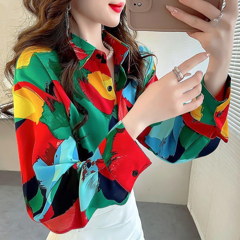 Womens Long Sleeve Printed Loose Fit Blouse Casual Shirt Plus Size Chiffon Top
