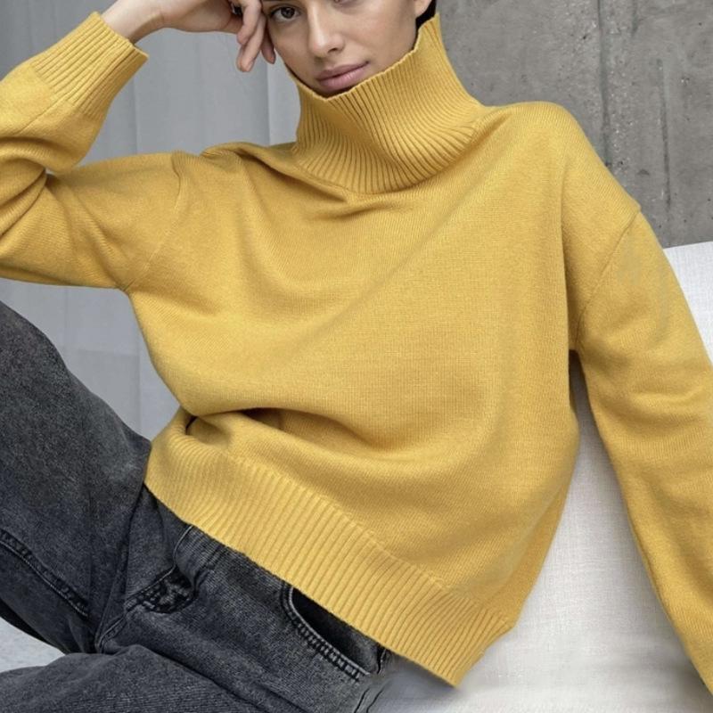 Autumn and Winter High Neck Loose Knitted Top Solid Color Casual Long Sleeve Knitted Sweater