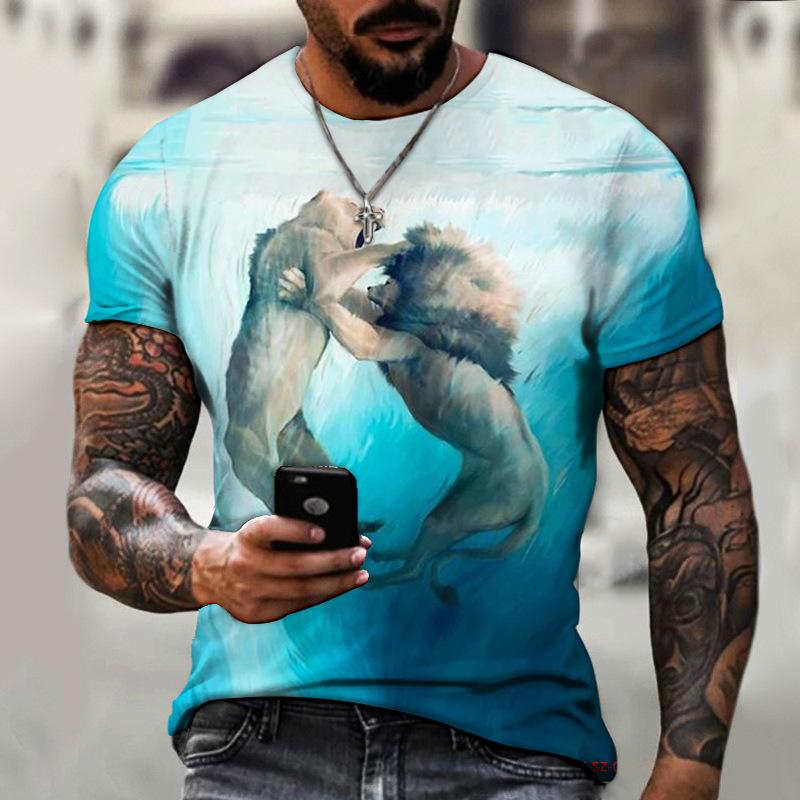 Мужская летняя футболка свободного кроя с круглым вырезом Animal Beast Lion King 3D Printing Oversize Breathable Top Street Personality