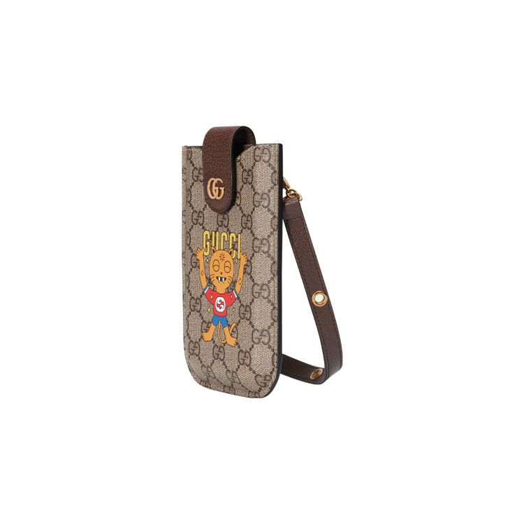 Gucci Логотип с принтом кошки Холст и кожаная сумка через плечо для телефона Мужские сумки Эбеновое дерево 700732-U1GBG-8679