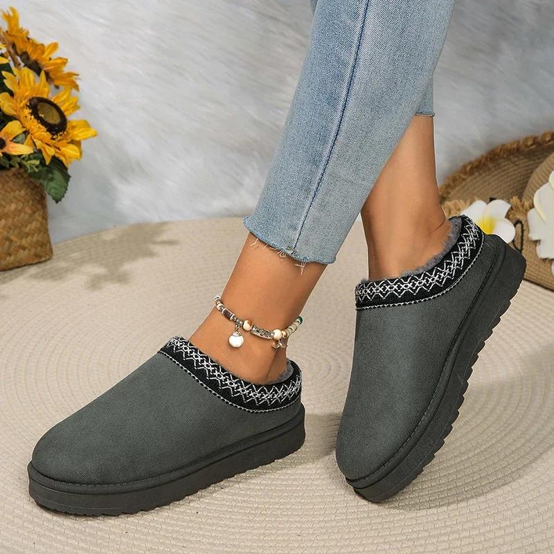Woman Snow Boots for Warm Suede Leather Boots Autumn Winter Slip On Platform Boats Close Toe Hair Half Slipper Cotton Shoes