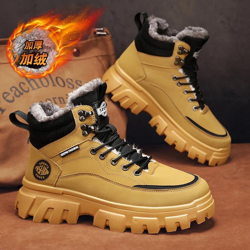 Зимние ботинки мужские зимние меховые теплые повседневные кожаные ботинки на платформе дизайнерские роскошные ковбойские боевые тактические ботинки челси для пешего туризма