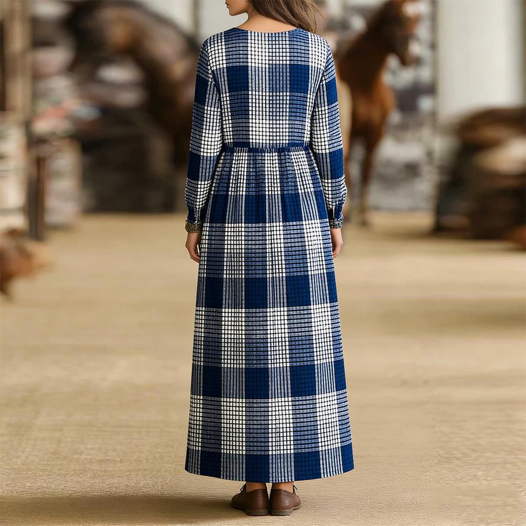 Женское элегантное платье-рубашка в клетку с длинным рукавом, модное платье с воротником-рубашкой в клетку