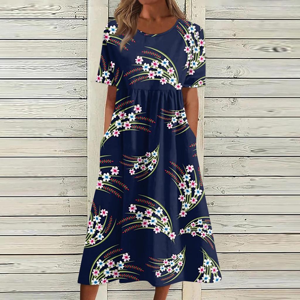 Women's Casual Dresses Printed Dresses Summer Dresses Printed Pleated Round Neck Midi Dresses Basic Classic Outdoor Daily Short Sleeve Loose Dresses