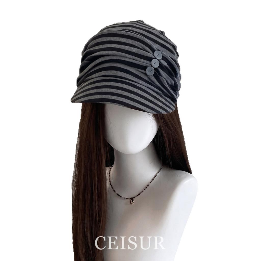 Ancient atmosphere knitted striped headscarf hat women's early autumn button pleated face small beret cap