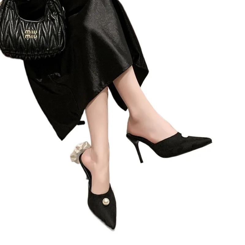 Черные атласные туфли на высоком каблуке, новинка весны и лета, туфли на высоком каблуке-шпильке, женские босоножки на шпильках с белой розой