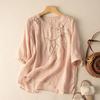 Women's Summer Design Round Neck Mid-sleeved Embroidery T Shirt Temperament Loose Thin Blouse