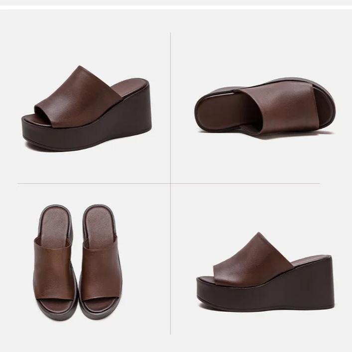 Johnature Увеличивающие рост легкие уличные тапочки на танкетке из натуральной кожи с открытым носком повседневная женская обувь