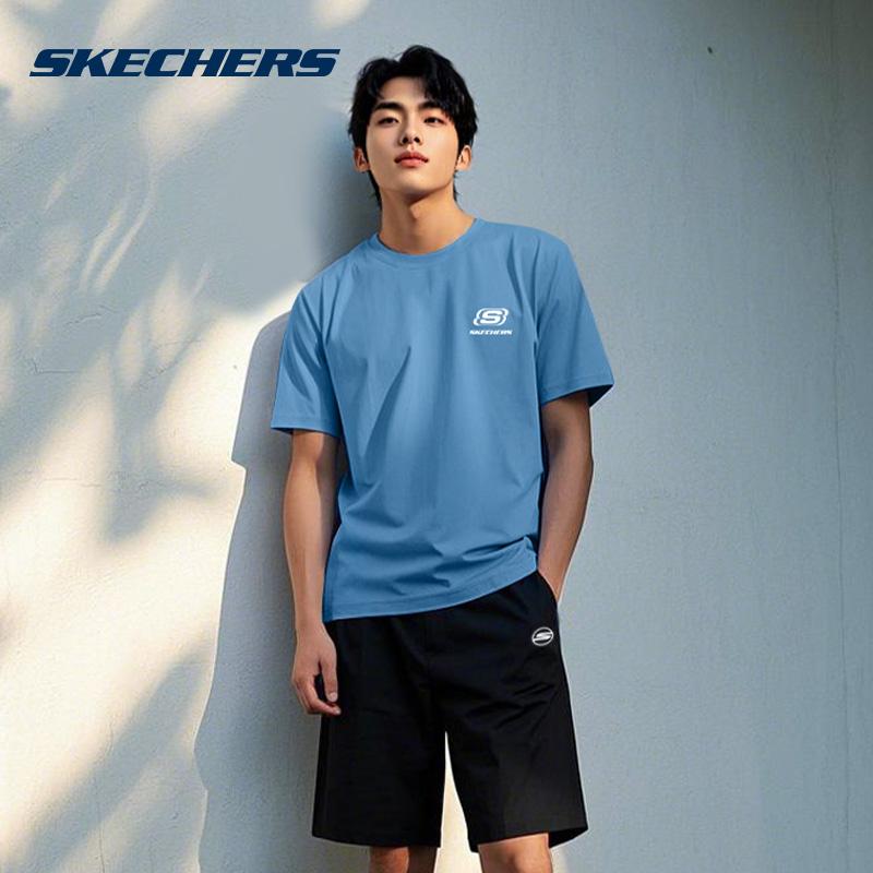 Skechers Модная Универсальная Дышащая Футболка с Коротким Рукавом и Круглым Вырезом Унисекс Топы Цветочная Корона-Синий L225U071-01P1