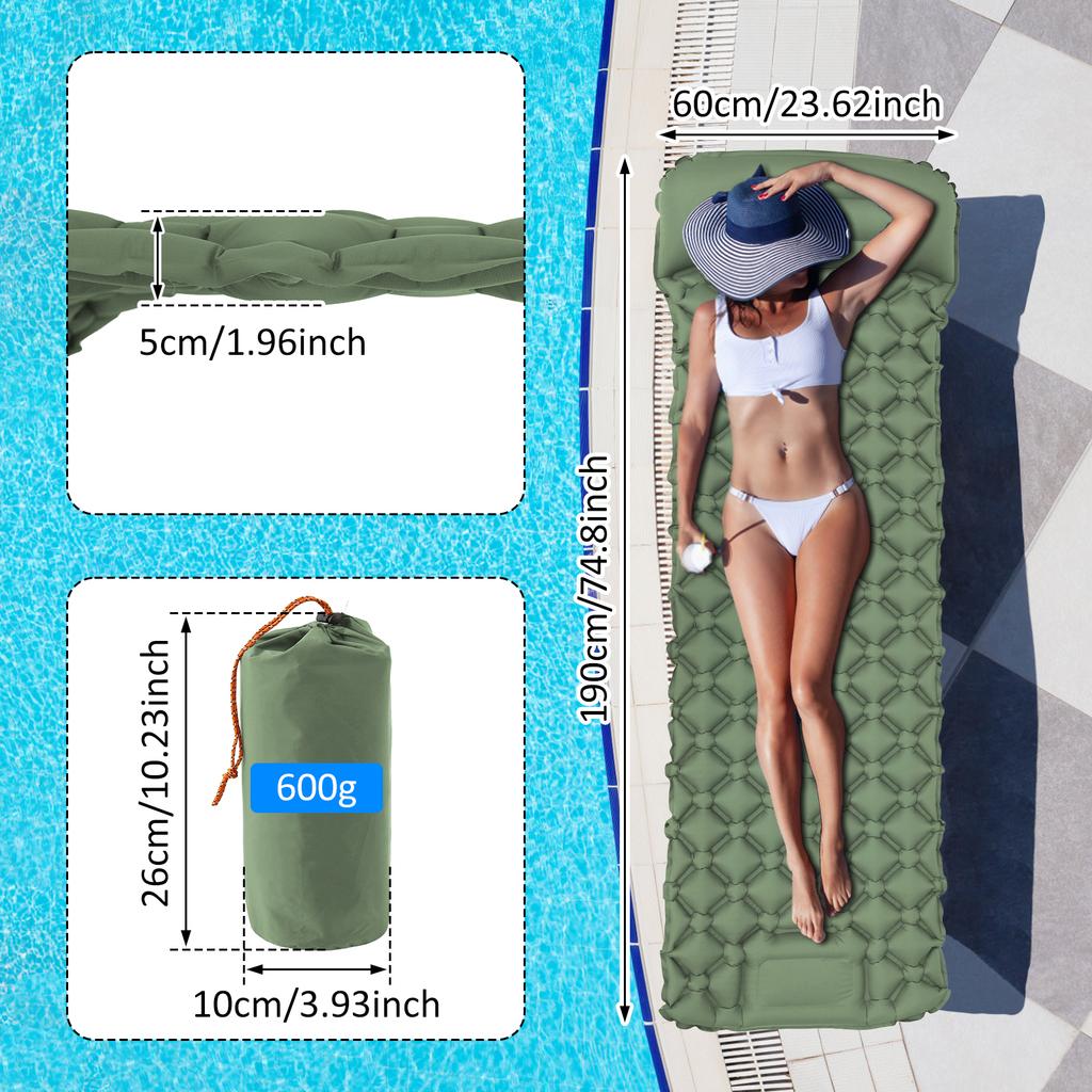 190cm Inflatable Mat Outdoor Camping Sleeping Pad Ultralight Thicken with Built-in Pillow & Pump Air Ma for Travel Hiking