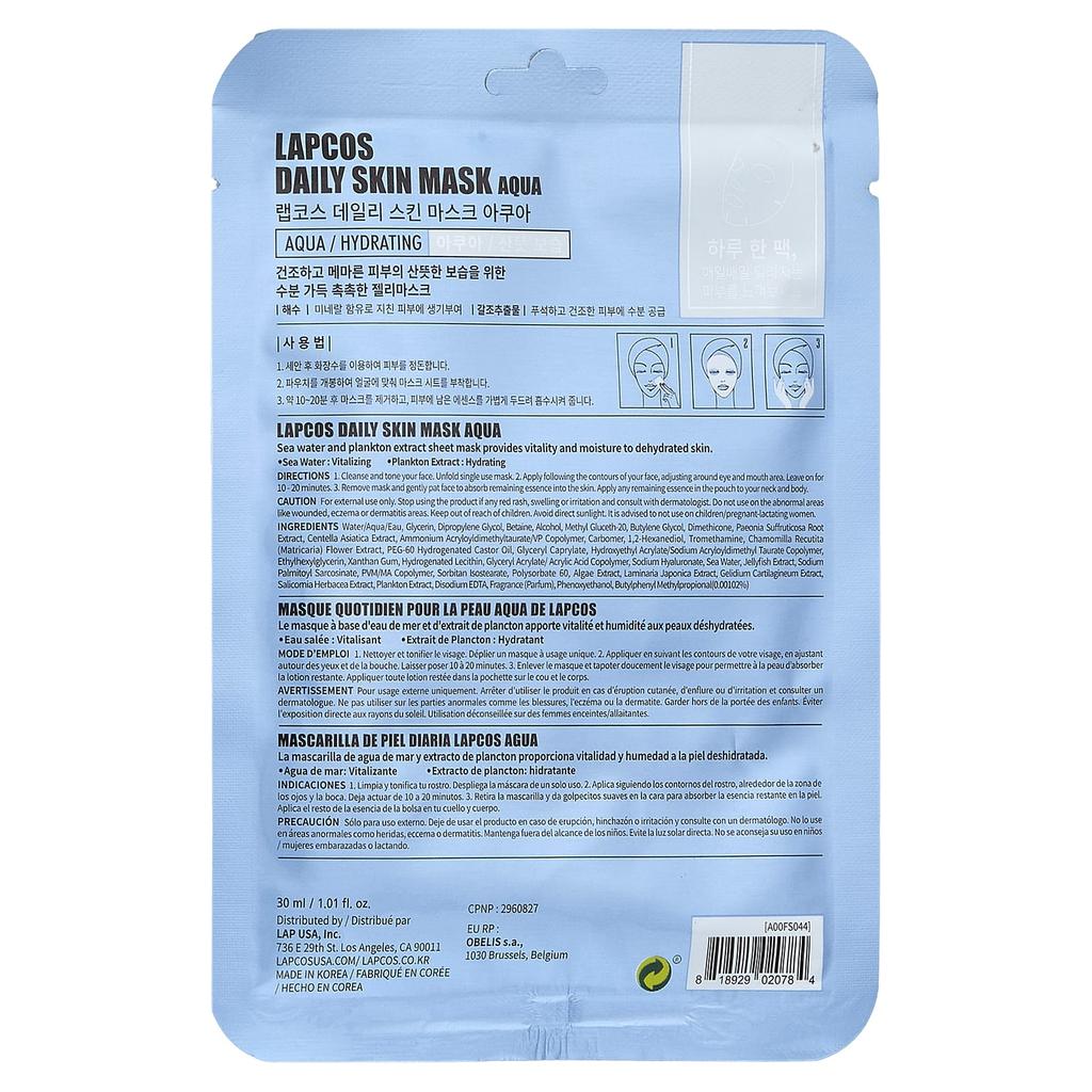 LAPCOS Aqua Beauty Sheet Mask, Hydrating, 1.01 Fl Oz (30 Ml)