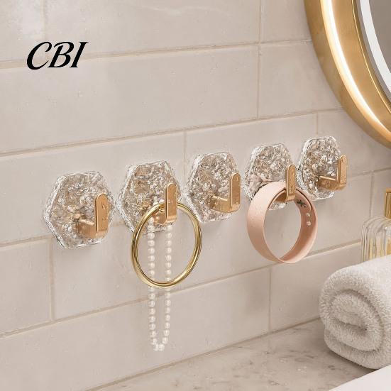 Decorative Wall Hooks Hexagonal Self Adhesive Hooks, Water Ripple Pattern Design, Waterproof No Reusable Drilling Mounted for Towels Keys Kitchen