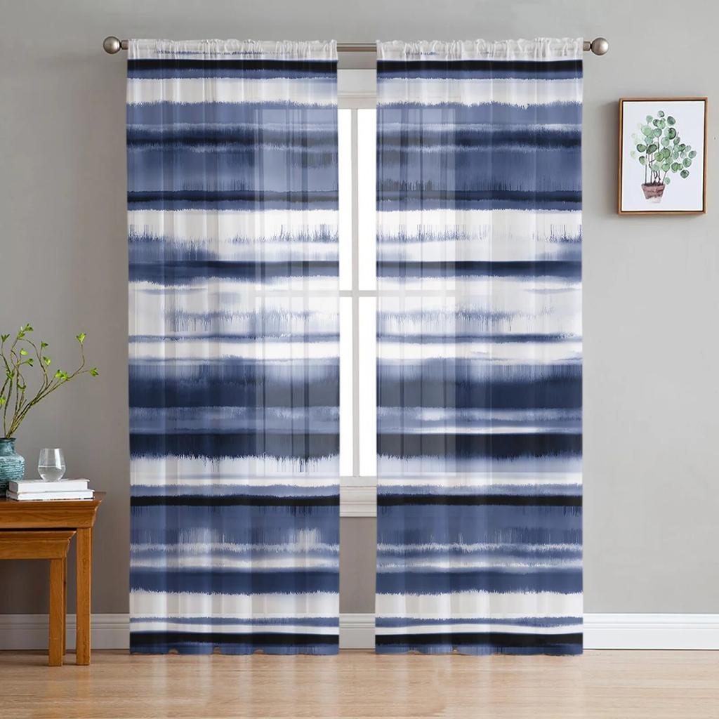 Watercolor Stripes Abstract Gradient Blue Bedroom Transparent Sheer Curtains Holiday Decoration Window Voile Tulle Curtain