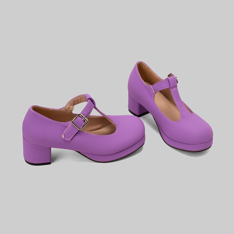Женские туфли-лодочки на толстом высоком каблуке с круглым носком и Т-образной завязкой с пряжкой для вечеринки, лаконичная модная весенне-осенняя обувь, белый, синий, зеленый, фиолетовый