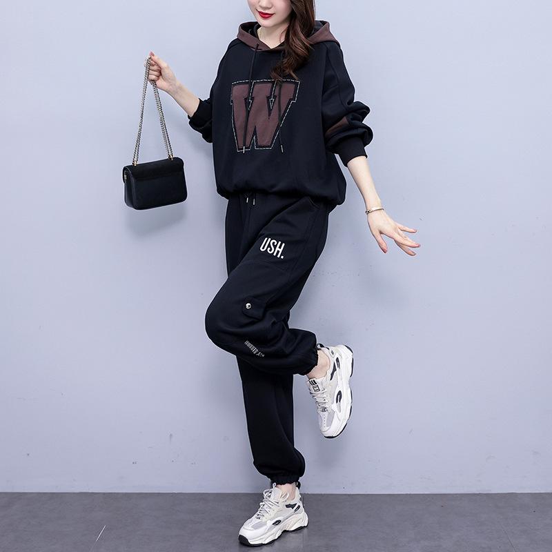 Большой размер Костюм толстой сестры Женский Плюс бархатный Толстый Осенний Худи Брюки гарем Повседневный Костюм-двойка