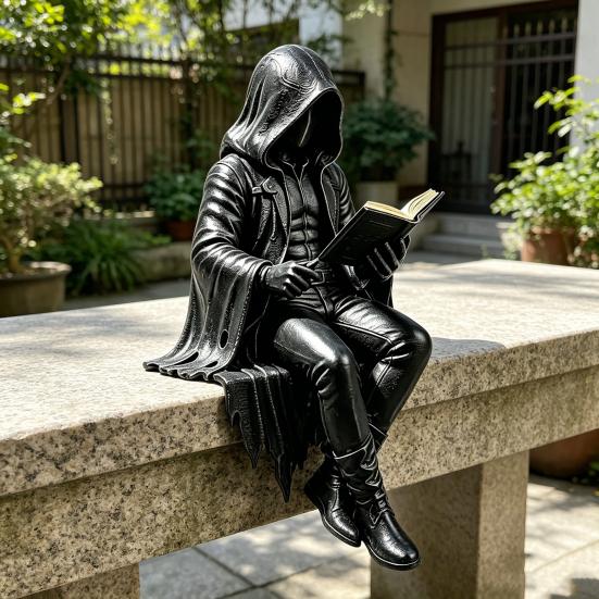 Yousheng Gothic Dark Fantasy Figure, Reading Hooded Grim Reaper Statue, Halloween Resin Sitting Skeleton Figurine for Bookshelf Home