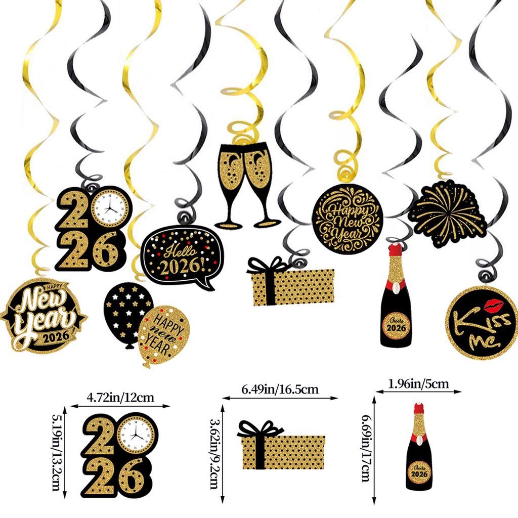 New Year'S Day Party Decoration Black Gold New Year Banner Pennant Paper Flower Ball Balloon Venue Atmosphere Set