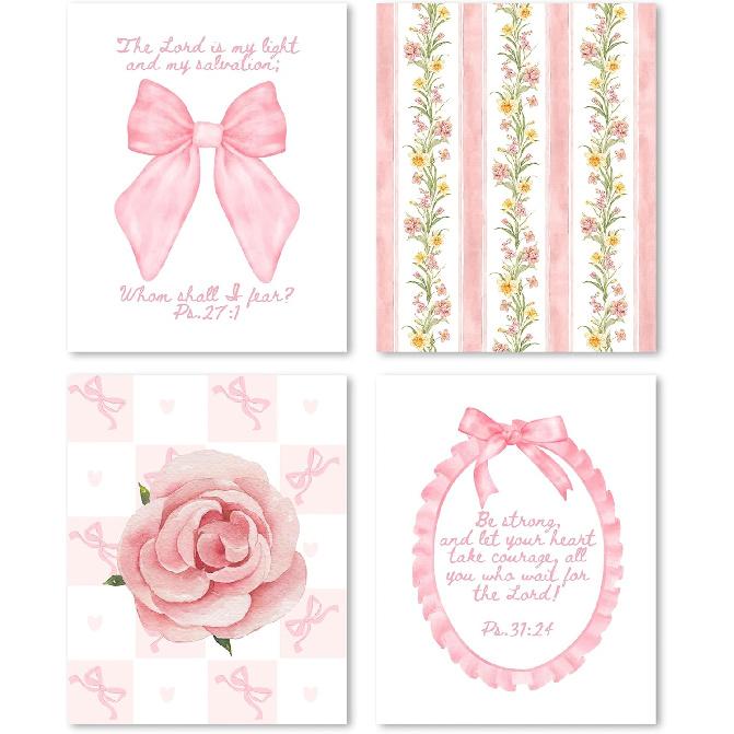 FGFK Girly Pink Christian Wall Art Prints Set of 4, Lamentations 3:23 Psalm 16:11 Psalm 27:1 Bible Verse Preppy Posters Pictures Wall Decor for Girls