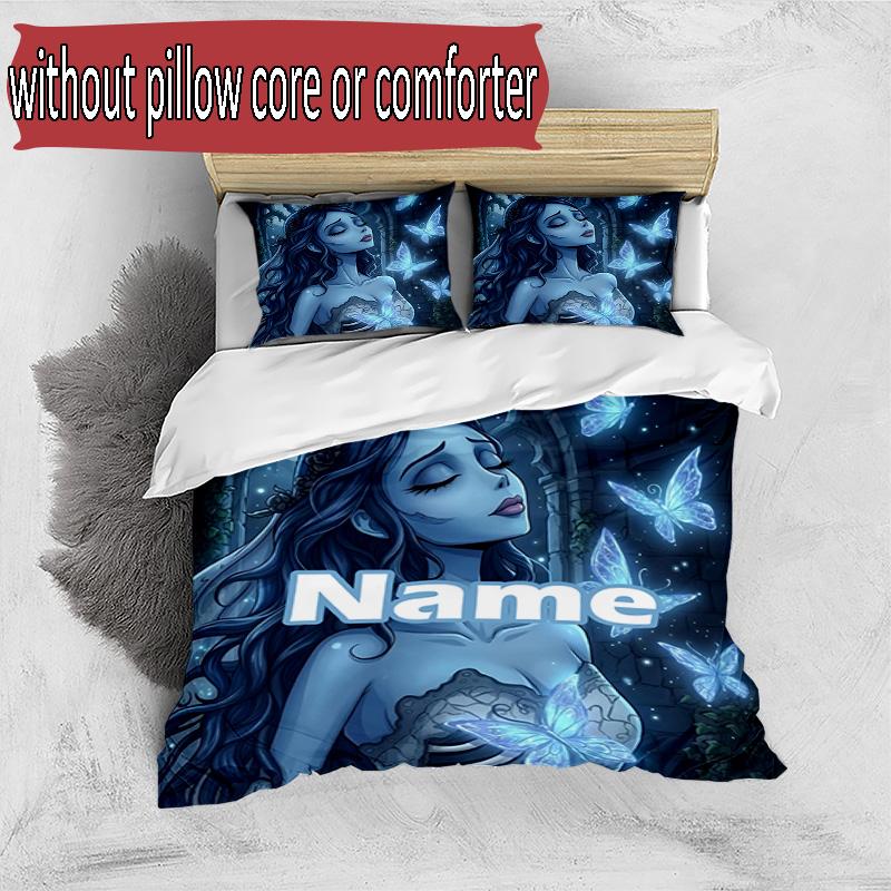 3pcs Duvet Cover Set (1*Duvet Cover + 2*Pillowcase, Without Core), Custom Name Corpse Bride Pattern Bedding Set, Home Bedroom Decor Gift