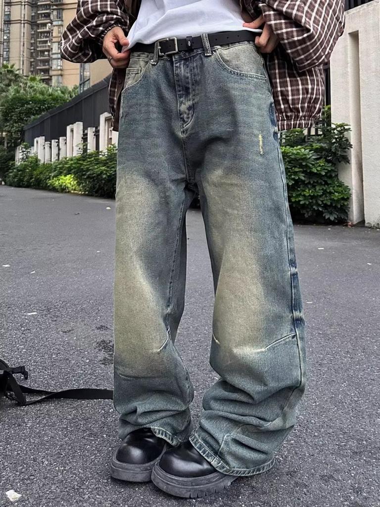2024 Ретро-стираемые джинсы с широкими штанинами: Повседневные брюки унисекс в американо-японском стиле