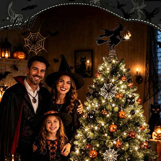 Glowing LED Tree Ornament Halloween Witch Topper with Lights Black Iron Window Hanging Ornaments Art Silhouette Ornament for Christmas And Holiday