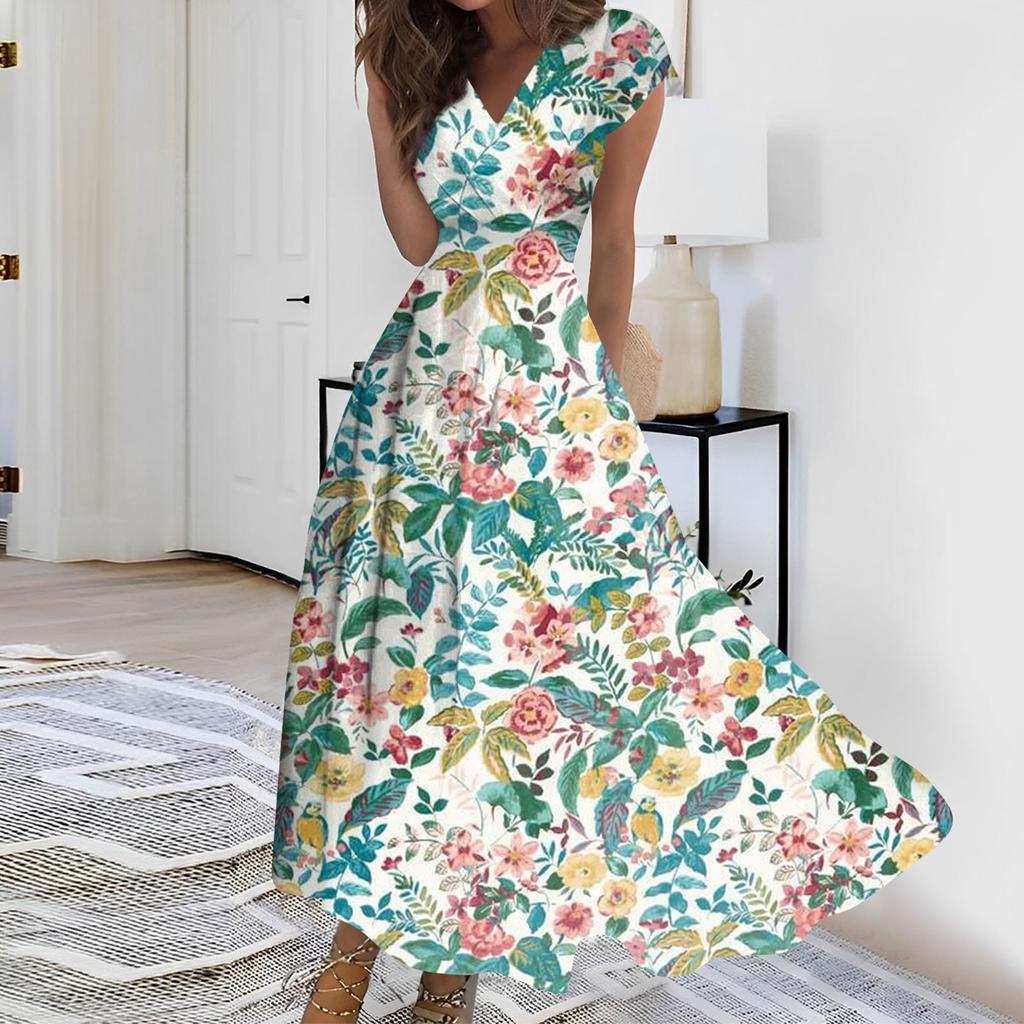 Женское длинное платье Макси-платье Повседневное платье Летнее повседневное платье с короткими рукавами и v-образным вырезом в стиле бохо с талией и принтом