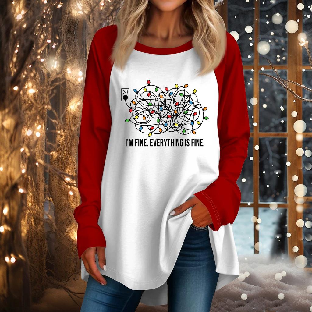 Женская повседневная футболка больших размеров с длинными рукавами и круглым вырезом с рождественским принтом, топ, пуловер