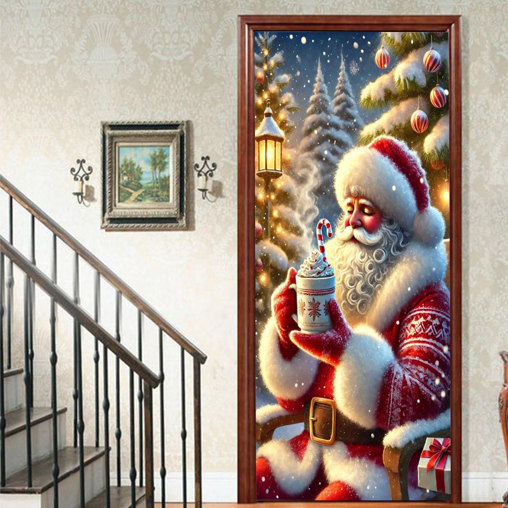 Рождественский Дед Мороз ПВХ Самоклеящаяся Водонепроницаемая Наклейка на Дверь Современная Имитация Фреска Обои Гостиная Кабинет Домашний Декор Искусство Постер на Дверь