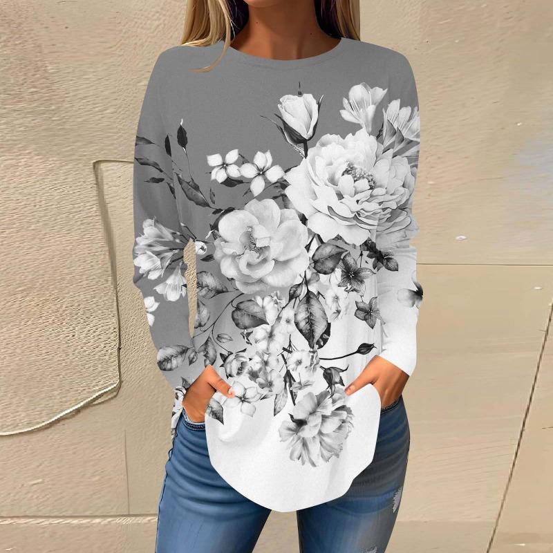 Повседневный топ с круглым вырезом и длинным рукавом, цветочная модная женская футболка большого размера с 3D-принтом, женские осенние свободные топы
