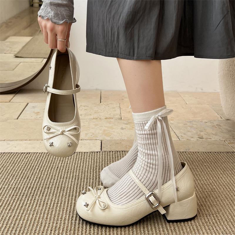 Милые туфли Мэри Джейн с бантиком-бабочкой для женщин Элегантное платье Толстый каблук Женская обувь Повседневная уличная обувь