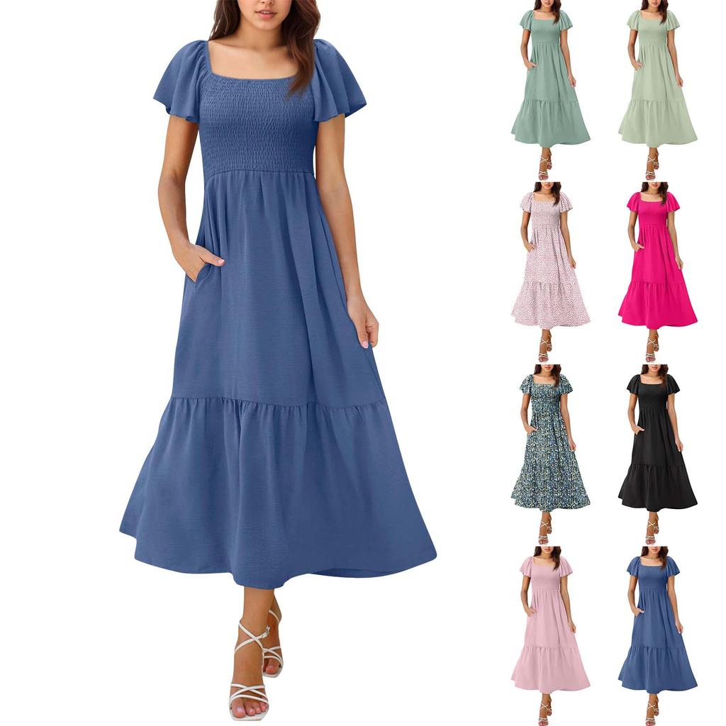 Women's Fashion Casual Maxi Dress Square Neck Bell Sleeves Ruffles Dress With Pockets