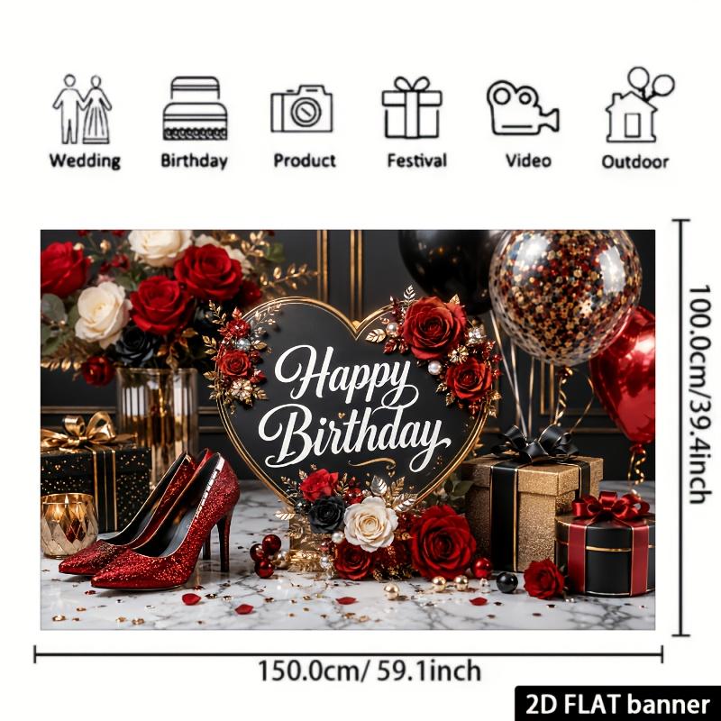 2D plane red-black-gold wind birthday celebration theme banner background featuring elements of roses gifts and high heels