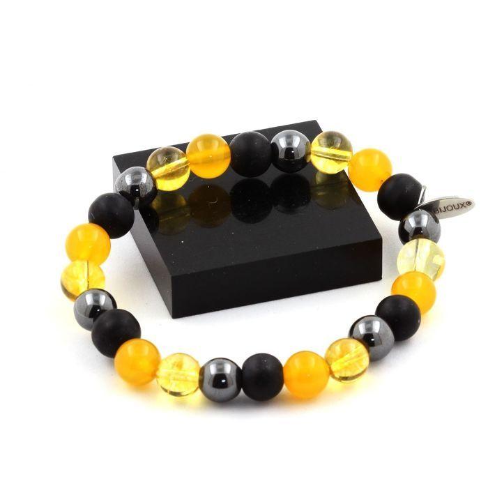Pierres et Minéraux. Bracelet Perles Hématite + Onyx noir mat + Citrine + Agate jaune 8 mm. Fabriqué en France.