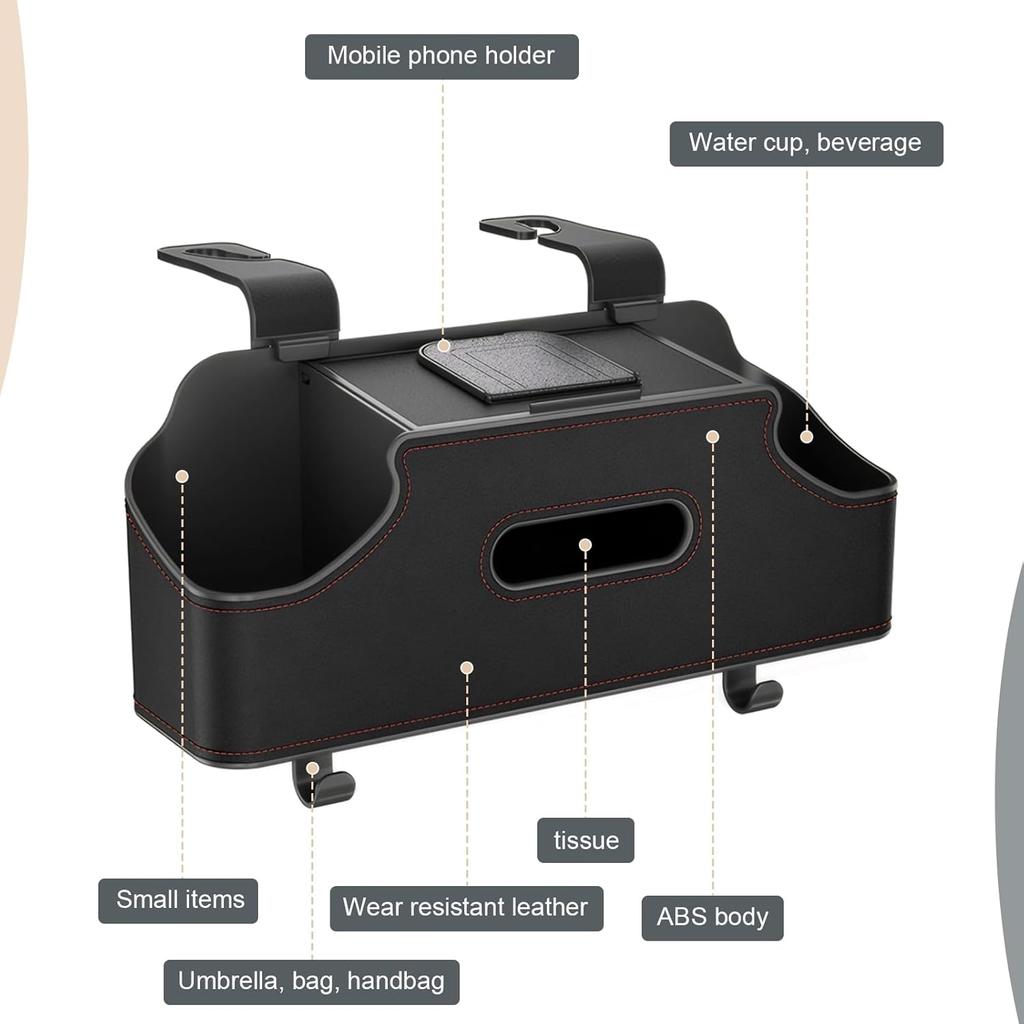 1 PC Car Seat Back Organizer, Car Back Seat Multi-Function Storage Box With 2 Drink Cup Holders, 11.42" X 3.35" Leather Tissue Organizer, Universal