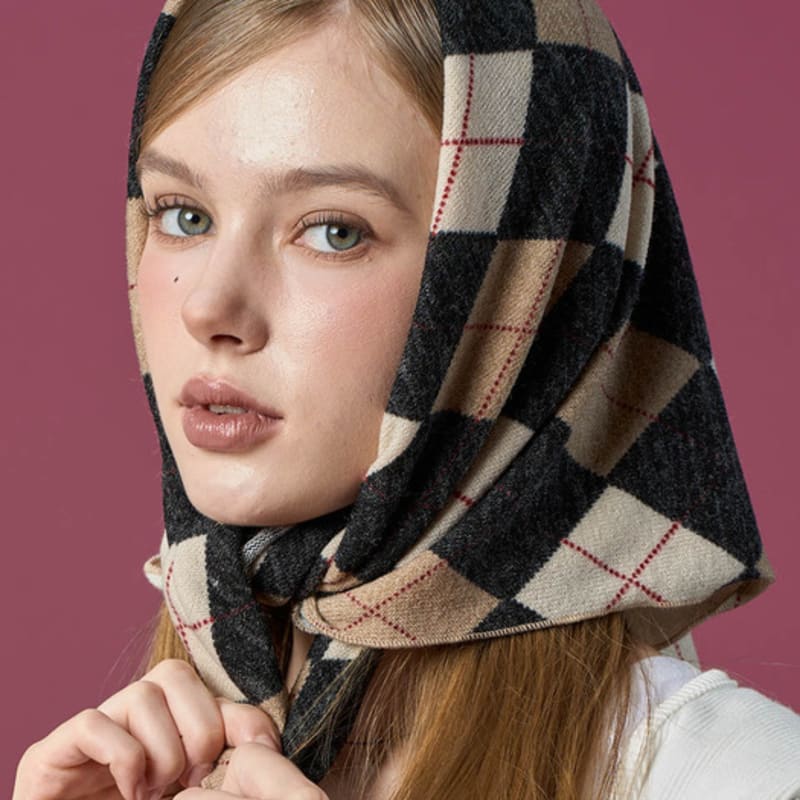 KOLEAT Argyle Knit UV Protection Bandana Hair Scarf Handkerchief [Black_beige] Fall/Winter ver.