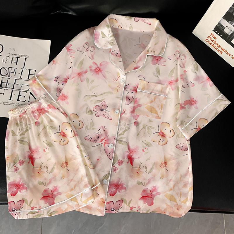 Летний женский пижамный комплект, роскошная атласная шелковая пижама с коротким рукавом, милая мультяшная пижама, повседневная домашняя одежда, ночная одежда для женщин