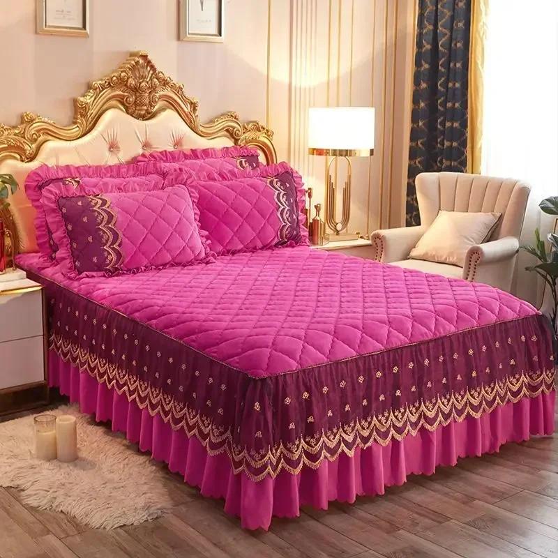 Luxury Winter Fast Warm Velvet Bed Skirt Ultra Soft Thick Flannel Quilted Bed Sheet Non Slip Bed Cover Bedspread King Size