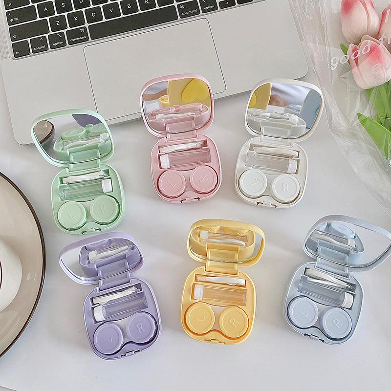 Women Colored Heart Contact Lens Case with Mirror Pink Eyes Care Contact Lens Container Travel Eyewear Accessories Organizer