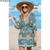 MODIQUE 2025 Summer Plus Size New Women's Casual Folk Floral Printing Waist Flowing Flounce Short Dress Ladies Loose Hot Lantern Sleeve V-Neck Dress