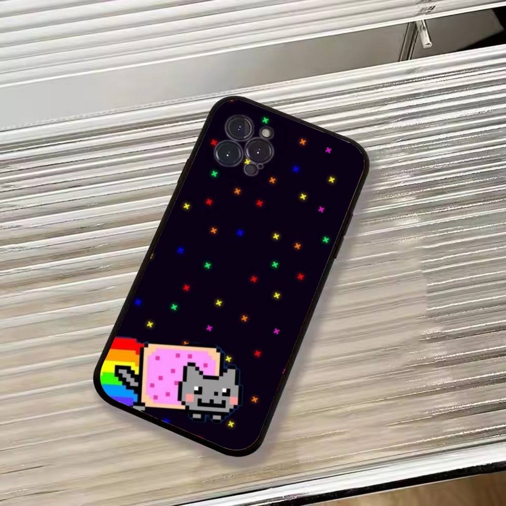 Милый Чехол для Телефона N-Nyan Cat Для iPhone 17,16,15,14,13,12,11 Plus,Pro Max,XS,Мягкий Силиконовый Черный Чехол