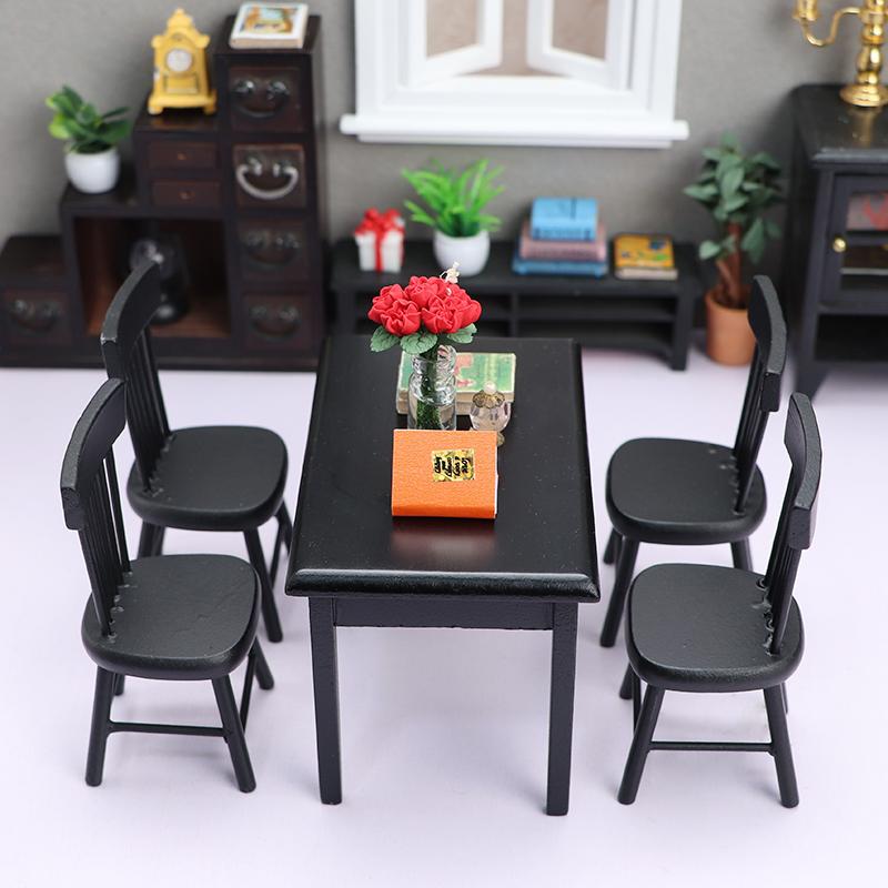 Dollhouse Decoration Accessories,1:12 Dollhouse Miniature Furniture Wooden Color Dining Table Chair Model Set