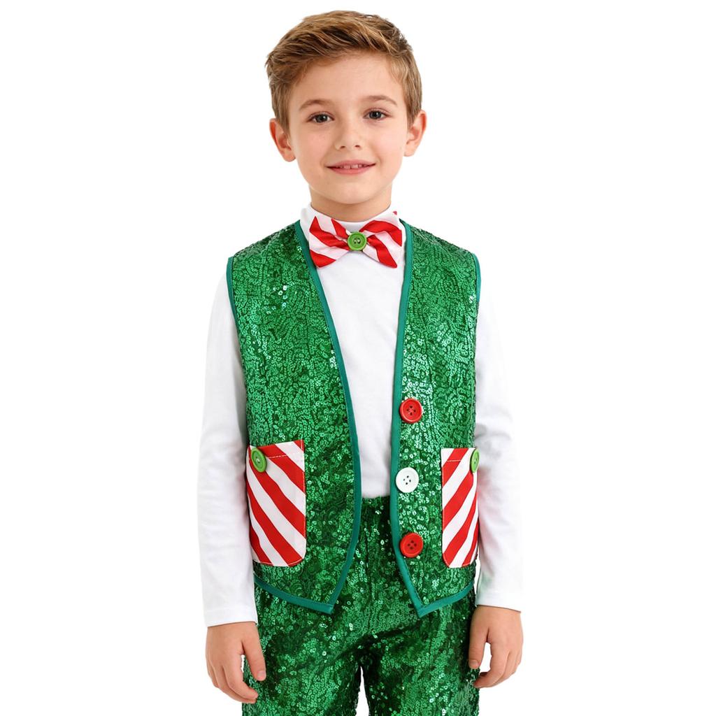 Kids Christmas Costume Sparkly Sequins Vest with Bow Tie for Latin Jazz Disco Party