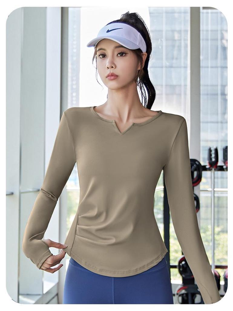 Juyi Hall Однотонный V-образный вырез Со сборками Длинный рукав Женский облегающий топ для йоги