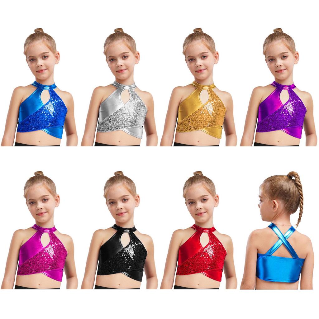Детская джазовая одежда Блестящие пайетки Металлический кроп-топ с перекрещенным вырезом Костюм для бальных танцев