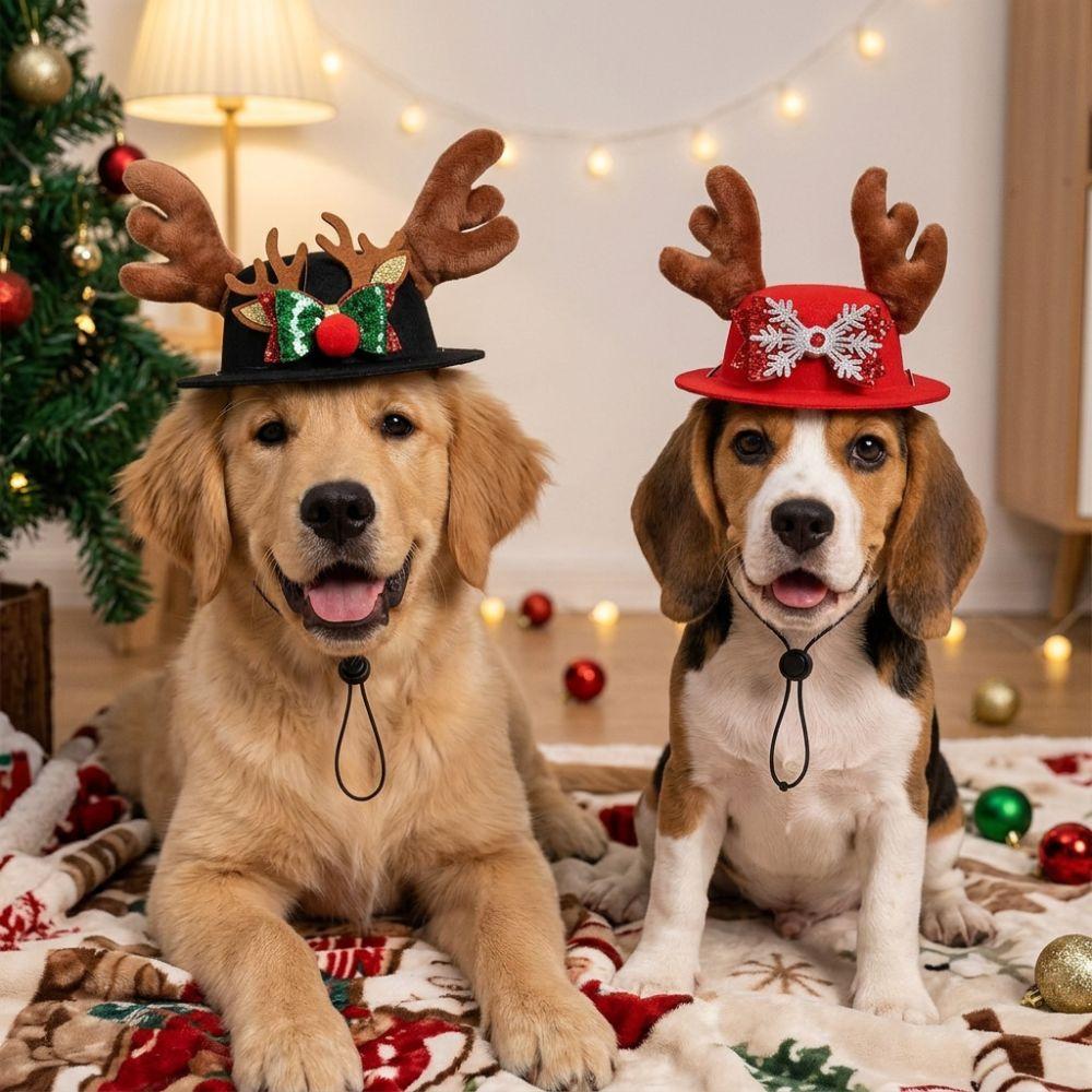 Adjustable Pet Christmas Antler Hat Soft Plush Snowflake Pet Hat Costume Headwear  Party Photo